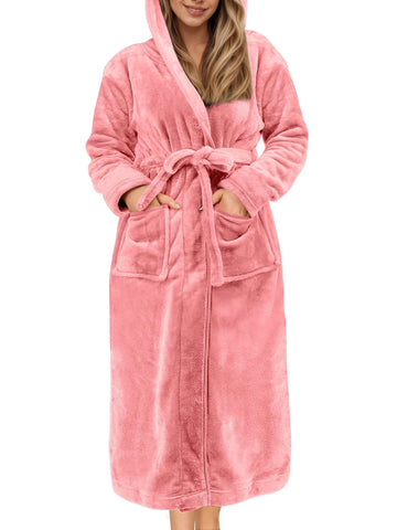 UVN Long Robes for Women Winter Plush Fleece Hooded Bathrobe Soft Cozy Fluffy Sleepwear Nightgown with Pockets
