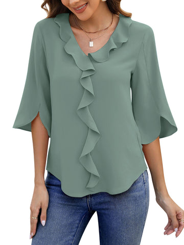 UVN Chiffon Blouses for Women Dressy Ruffle V Neck Tops Summer Casual 3/4 Sleeve Shirts