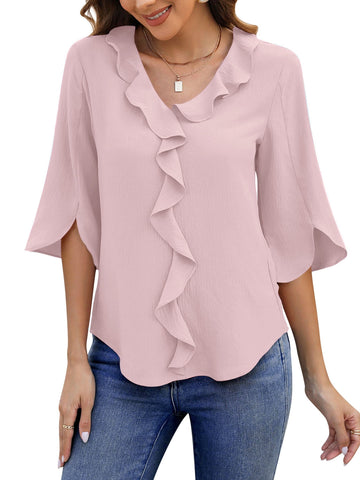 UVN Chiffon Blouses for Women Dressy Ruffle V Neck Tops Summer Casual 3/4 Sleeve Shirts