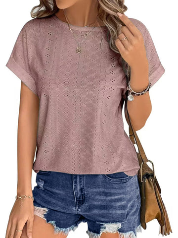 UVN T Shirts for Women Summer Short Sleeve Eyelet Tops Dressy Casual Crewneck Blouses