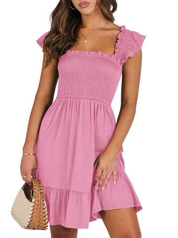 UVN Summer Dresses for Women Casual Sleeveless Square Neck Midi Dress Ruffle Backless Swing Flowy Tiered Dress