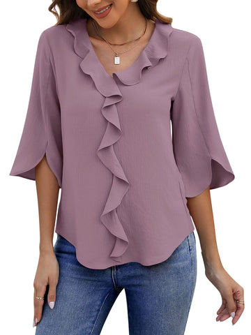 UVN Chiffon Blouses for Women Dressy Ruffle V Neck Tops Summer Casual 3/4 Sleeve Shirts