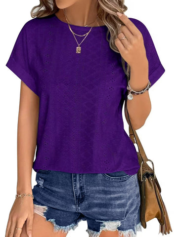 UVN T Shirts for Women Summer Short Sleeve Eyelet Tops Dressy Casual Crewneck Blouses