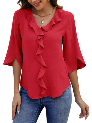 UVN Chiffon Blouses for Women Dressy Ruffle V Neck Tops Summer Casual 3/4 Sleeve Shirts