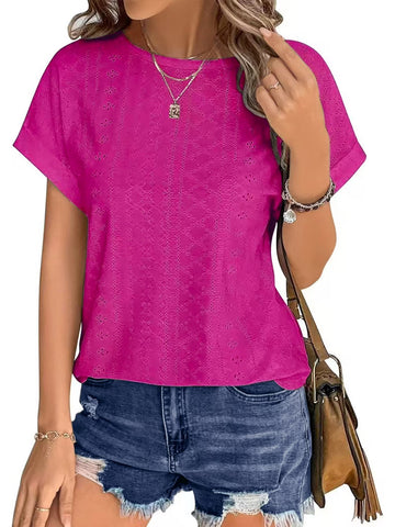 UVN T Shirts for Women Summer Short Sleeve Eyelet Tops Dressy Casual Crewneck Blouses