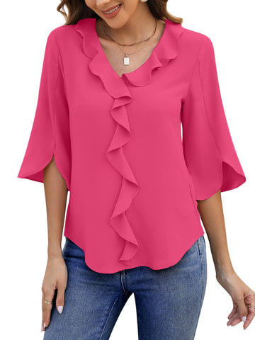 UVN Chiffon Blouses for Women Dressy Ruffle V Neck Tops Summer Casual 3/4 Sleeve Shirts