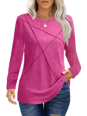 UVN Blouses for Women Pleated Long Sleeve Shirts Casual Crew Neck Tunic Tops