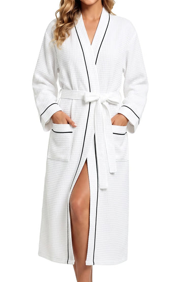 UVN Long Robes for Women Long Sleeve Kimono Bathrobe Waffle Knit Wrap Robe Soft Cozy Lightweight Sleepwear Nightgown with Pockets