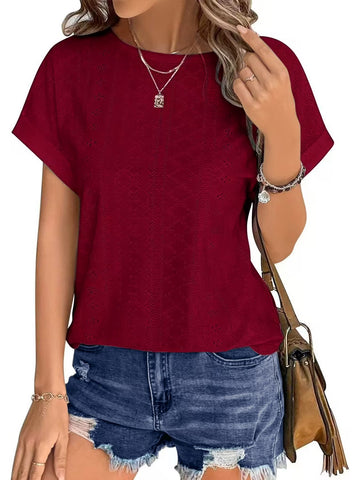 UVN T Shirts for Women Summer Short Sleeve Eyelet Tops Dressy Casual Crewneck Blouses