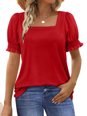 UVN Square Neck Tops for Women Summer Puff Short Sleeve Shirts Dressy Casual Tunic Blouses