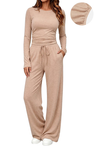 UVN Winter Womens 2 Piece Outfit Sets Ruched Long Sleeve Top and Wide Leg Pants Casual Loungewear Ladies Workout Sets
