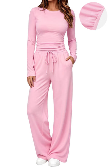 UVN Winter Womens 2 Piece Outfit Sets Ruched Long Sleeve Top and Wide Leg Pants Casual Loungewear Ladies Workout Sets