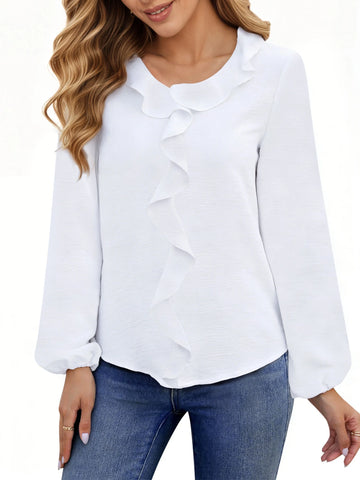 UVN Blouses for Women V Neck Long Sleeve Shirts Dressy Casual Ruffle Chiffon Tops