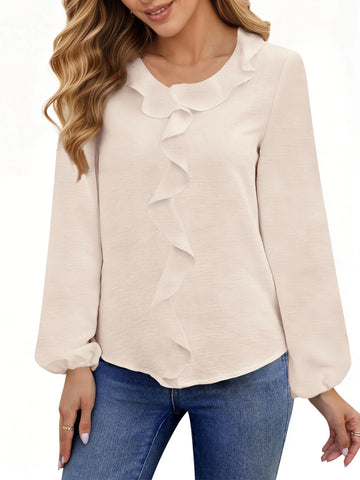 UVN Blouses for Women V Neck Long Sleeve Shirts Dressy Casual Ruffle Chiffon Tops