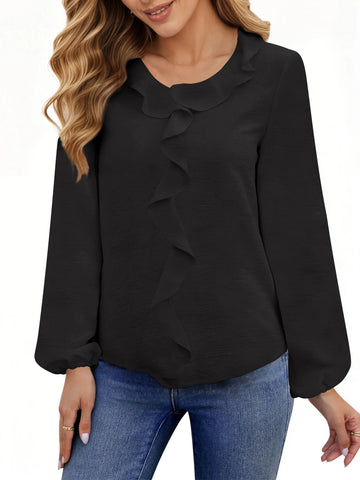 UVN Blouses for Women V Neck Long Sleeve Shirts Dressy Casual Ruffle Chiffon Tops