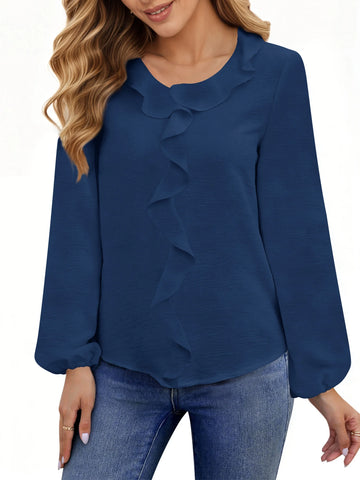 UVN Blouses for Women V Neck Long Sleeve Shirts Dressy Casual Ruffle Chiffon Tops