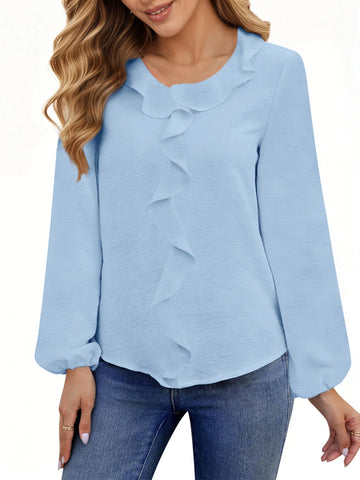 UVN Blouses for Women V Neck Long Sleeve Shirts Dressy Casual Ruffle Chiffon Tops
