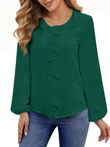 UVN Blouses for Women V Neck Long Sleeve Shirts Dressy Casual Ruffle Chiffon Tops