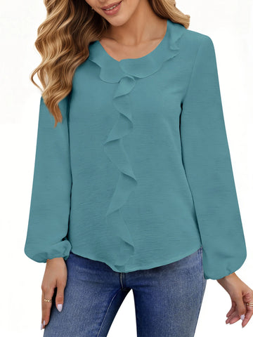 UVN Blouses for Women V Neck Long Sleeve Shirts Dressy Casual Ruffle Chiffon Tops