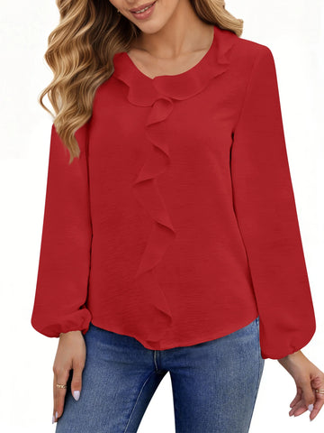 UVN Blouses for Women V Neck Long Sleeve Shirts Dressy Casual Ruffle Chiffon Tops