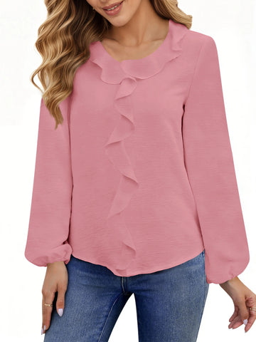 UVN Blouses for Women V Neck Long Sleeve Shirts Dressy Casual Ruffle Chiffon Tops