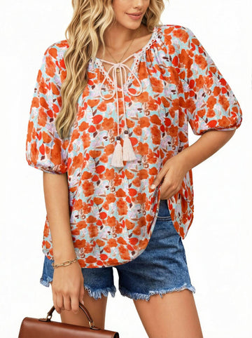 UVN Summer Tops for Women Short Sleeve V Neck Boho Casual Blouses Ladies Floral Print Tie Front Flowy Shirts