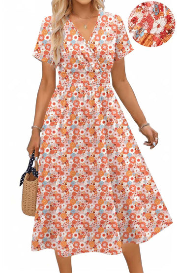 UVN Women Summer Dresses Short Sleeve V Neck A-Line Midi Dress Ladies Boho Beach Floral Print Sundress