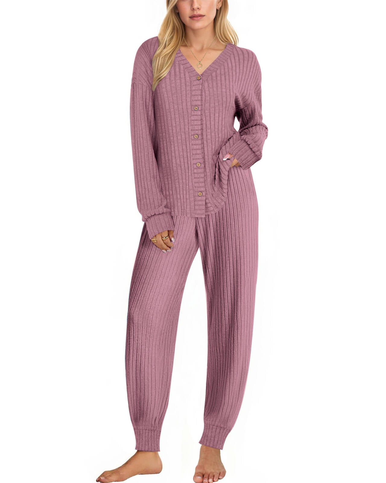 UVN Pajamas Sets for Women Long Sleeve Button Down Tops and Pants 2 Piece Outfit Fall Sleepwear Pjs Lounge Sets with Pockets