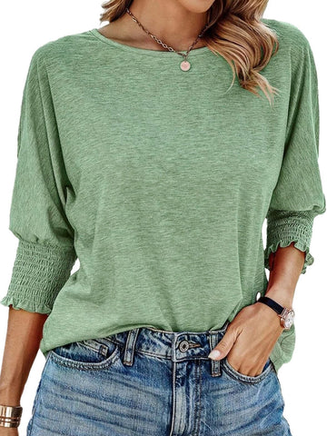 UVN Crewneck Blouse for Women Summer 3/4 Sleeve T-Shirts Casual Tees Ladies Loose Tops