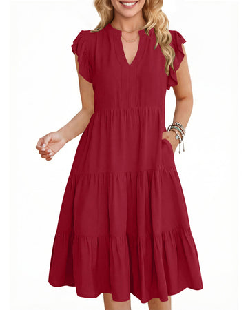 UVN Summer Dresses for Women Ruffle Sleeve V Neck Midi Dress Casual Beach Sundress with Pockets