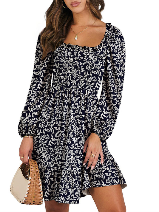 UVN Dresses for Women Casual Long Sleeve Square Neck Dress Ruffle Pleated Flowy Midi Dress