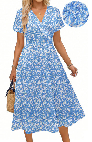 UVN Women Summer Dresses Short Sleeve V Neck A-Line Midi Dress Ladies Boho Beach Floral Print Sundress