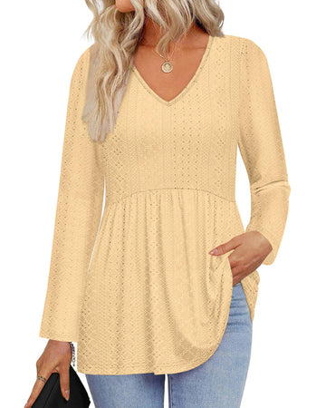 UVN Fall Blouses for Women Long Sleeve V Neck Peplum Tunic Tops Casual Babydoll Flowy T Shirts
