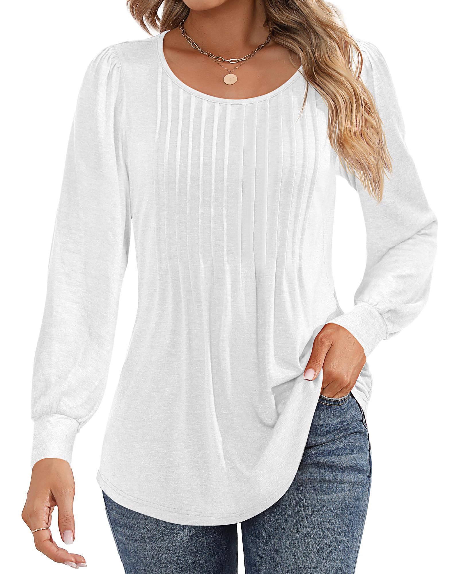 UVN Floral Blouses for Women Pleated Long Sleeve Shirts Casual Crewneck Tunic Tops