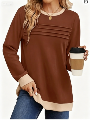 UVN Sweatshirts for Women Casual Long Sleeve Shirts Loose Fit Pleated Front Crewneck Tunic Tops
