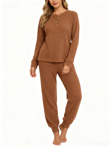 UVN Pajama Sets for Women Waffle Knit Lounge Sets Long Sleeve Henley Shirts and Long Pants Sleepwear 2 Piece Pjs Soft Comfy Loungewear with Pockets