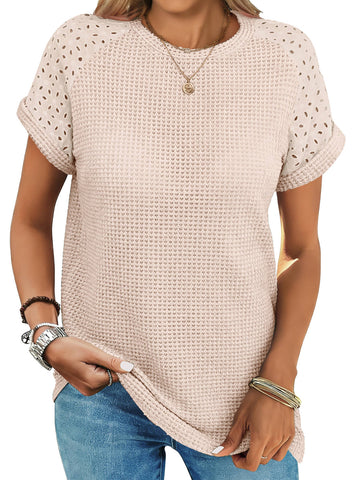 UVN Summer Blouses for Women Short Sleeve Crewneck Dressy Shirts Ladies Casual Waffle Knit Hollow Out Tunic Tops