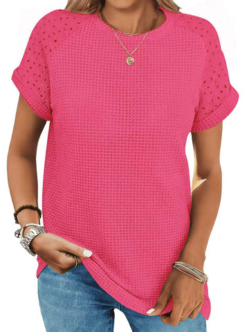 UVN Summer Blouses for Women Short Sleeve Crewneck Dressy Shirts Ladies Casual Waffle Knit Hollow Out Tunic Tops
