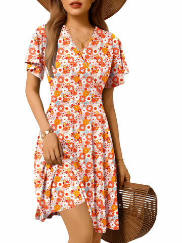 UVN Summer Dresses for Women Short Sleeve V Neck A-Line Midi Dress Boho Beach Floral Print Sundress