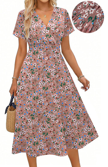 UVN Women Summer Dresses Short Sleeve V Neck A-Line Midi Dress Ladies Boho Beach Floral Print Sundress
