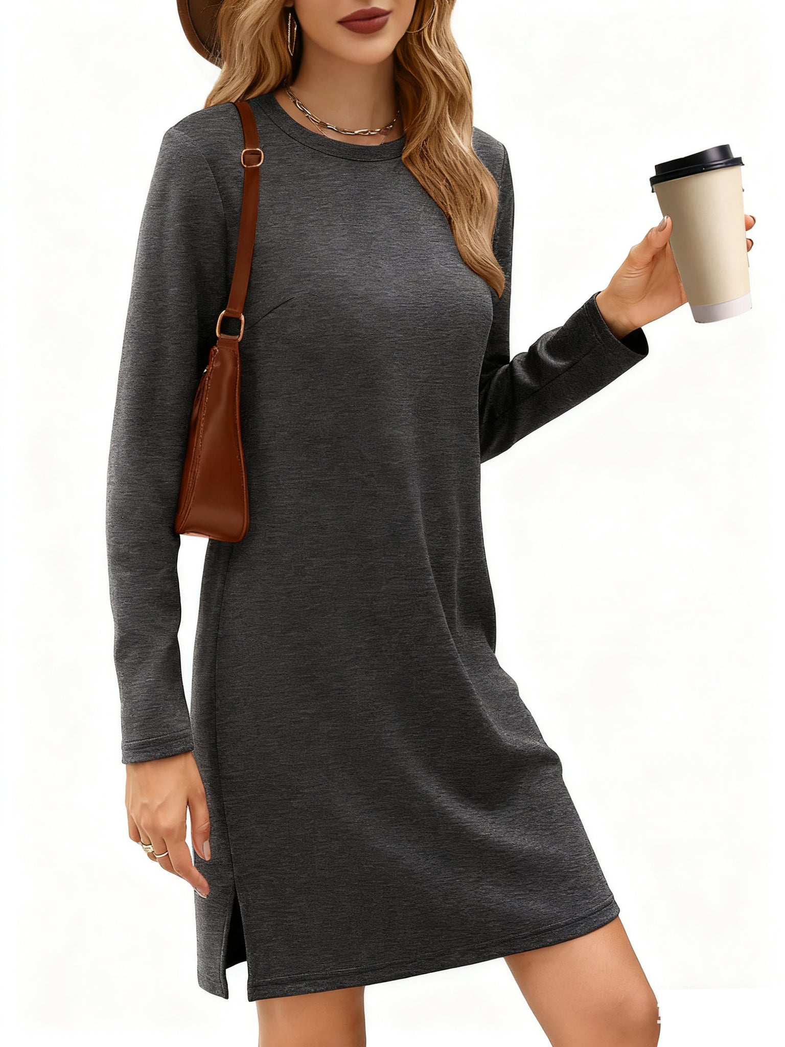 UVN Dresses for Women Fall Winter Long Sleeve Crewneck Casual Pullover Sweatshirt Dress with Side Split