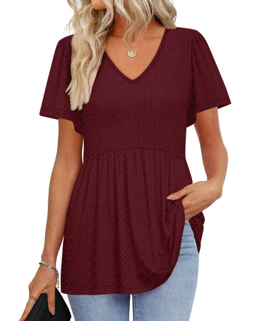 UVN Summer Blouses for Women Short Sleeve V Neck Peplum Tunic Tops Casual Babydoll Flowy T Shirts