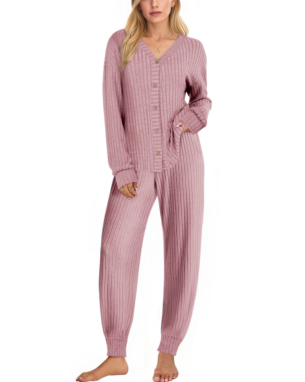 UVN Pajamas Sets for Women Long Sleeve Button Down Tops and Pants 2 Piece Outfit Fall Sleepwear Pjs Lounge Sets with Pockets