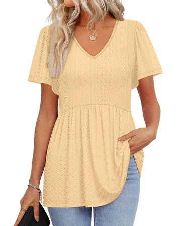 UVN Summer Blouses for Women Short Sleeve V Neck Peplum Tunic Tops Casual Babydoll Flowy T Shirts