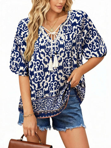 UVN Summer Tops for Women Short Sleeve V Neck Boho Casual Blouses Ladies Floral Print Tie Front Flowy Shirts