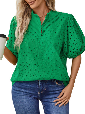 UVN Summer Blouses for Women Short Sleeve Shirts Ladies Hollow Out Lace Blouse V Neck Dressy Casual Tops