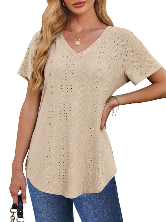 UVN Summer Blouses for Women Short Sleeves V Neck Shirts Curved Hem Loose Fit Tunic Tops