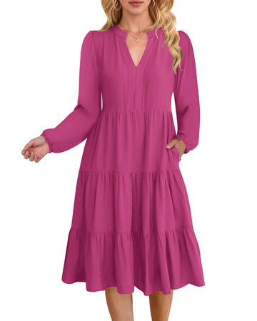 UVN Fall Dresses for Women Long Sleeve V Neck Midi Dress Casual Loose Flowy Swing Tiered Dress with Pockets