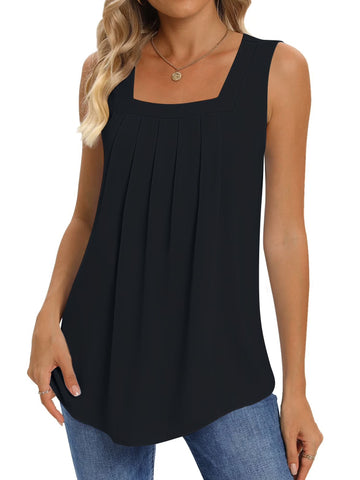 UVN Summer Tank Tops for Women Square Neck Sleeveless Tops Pleated Curved Hem Flowy Shirts Loose Fit Camis