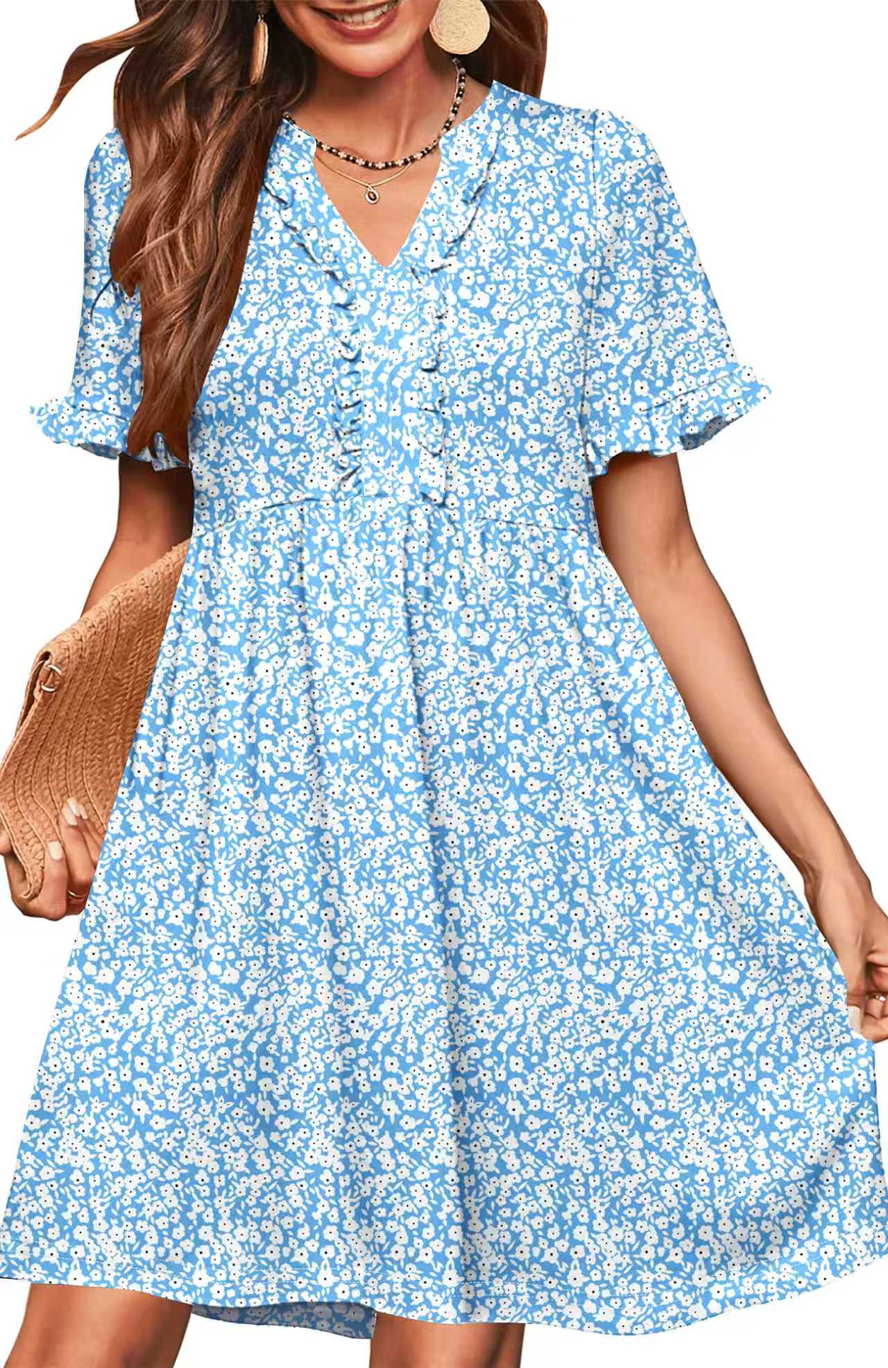 UVN Summer Dresses for Women V Neck Short Sleeve Casual A Line Dress F